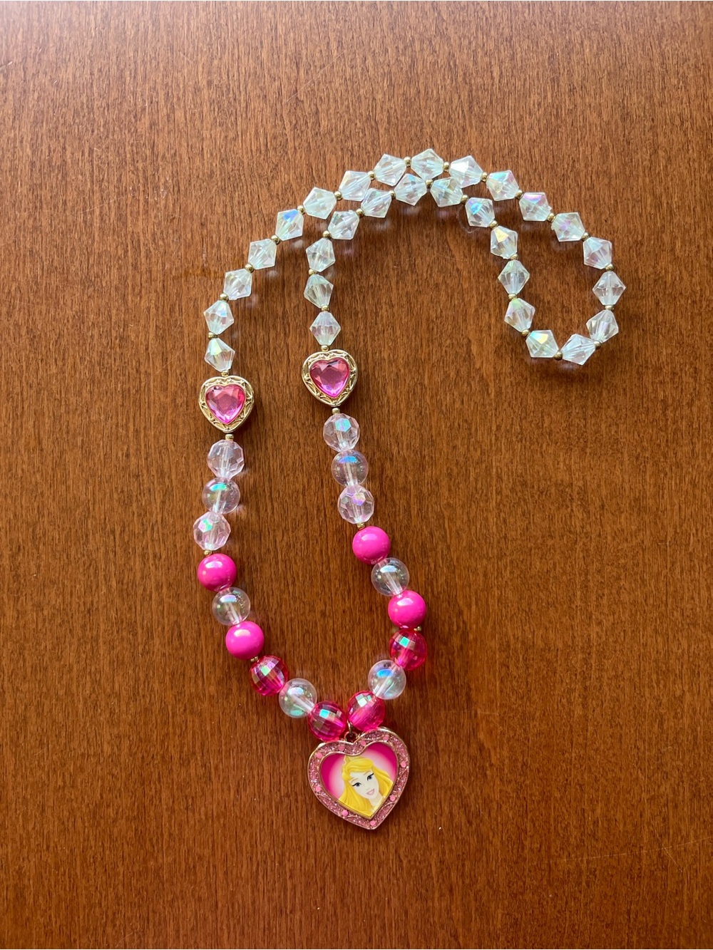 Sleeping Beauty Disney Parks Kids Pink Heart Pendant Beaded Necklace